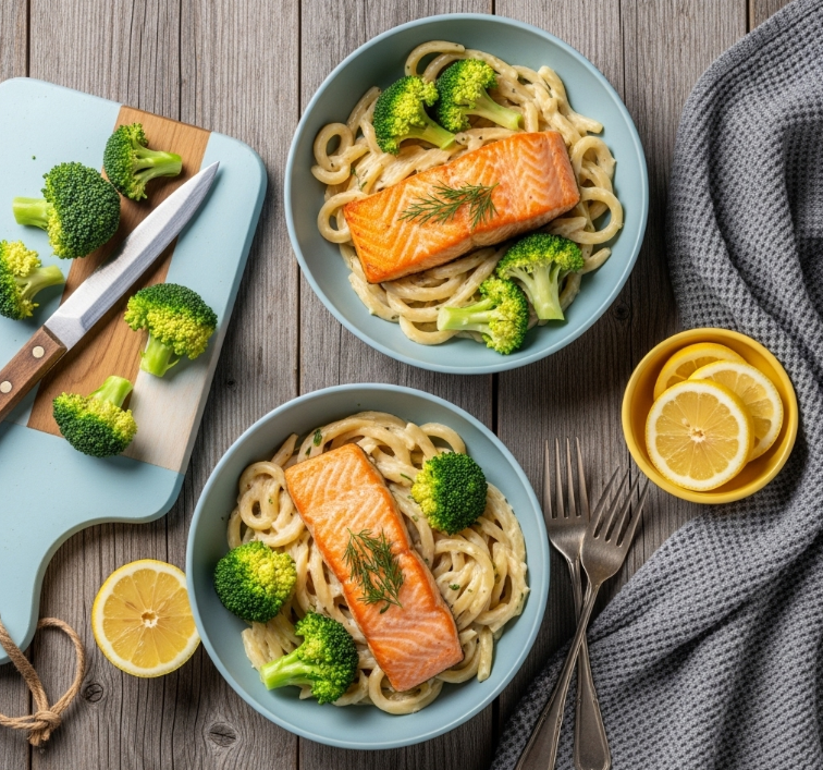 Bandnudeln mit Wildlachs, Zitronen-Sahnesoße und Broccoli in Menüschale – cremig, ausgewogen und schnell servierfertig
