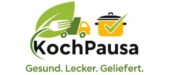 KochPausa Logo mit Lieferwagen, Kochtopf, Gabel und grünem Blatt