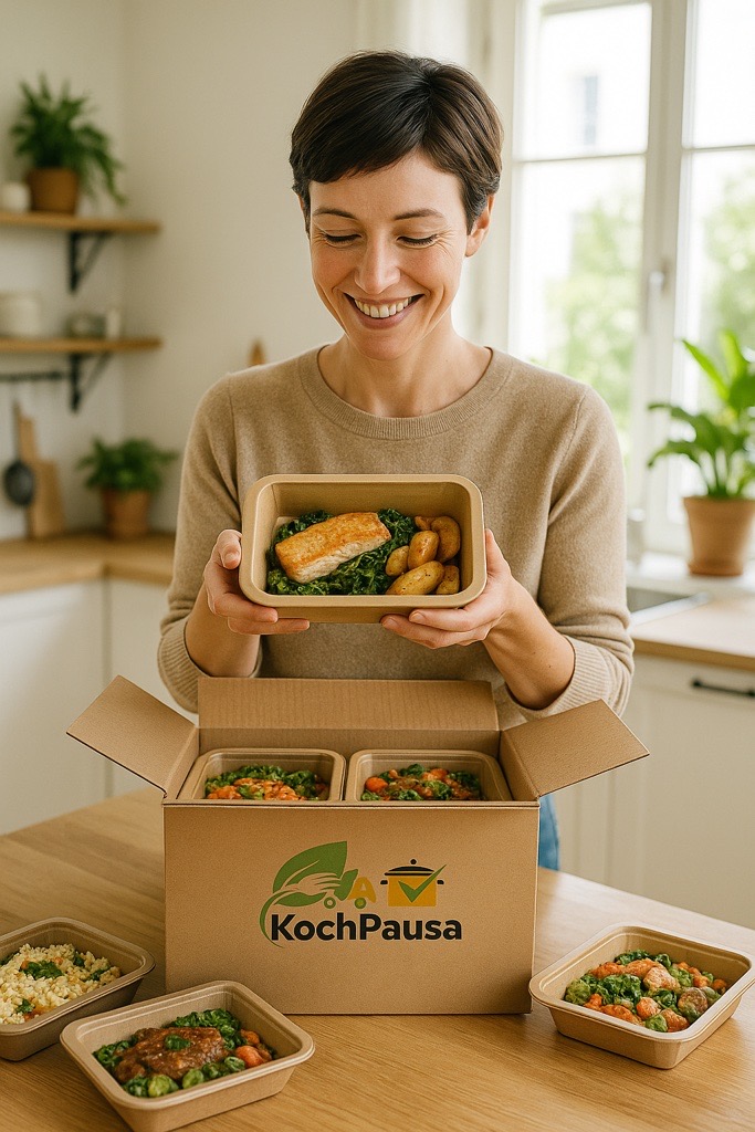 Frau mit KochPausa Box hält gesundes Fertiggericht in der Hand – frisches, leckeres Essen zum Aufwärmen