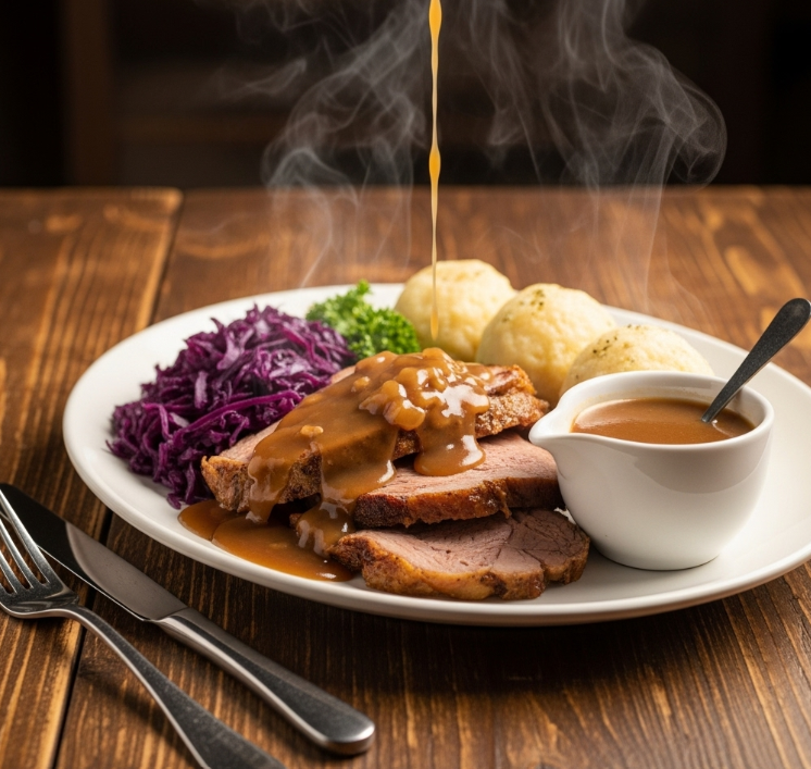 Zarter Sauerbraten mit Apfelrotkohl und Kartoffelklößen in Menüschale – herzhaft, fruchtig und traditionell servierfertig
